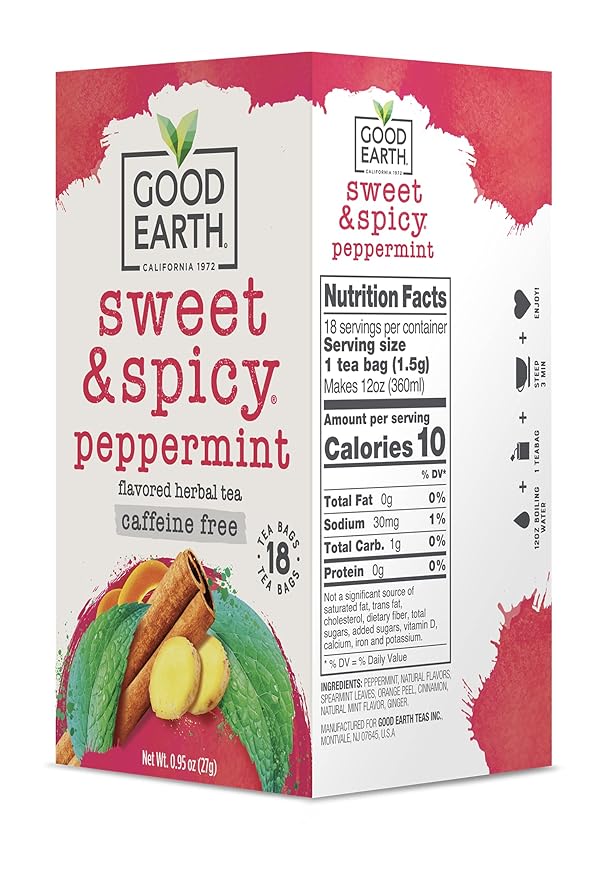 Good Earth Sweet & Spicy, Caffeine Free Peppermint Herbal Tea, Black 18 Tea Bags (Pack of 6)