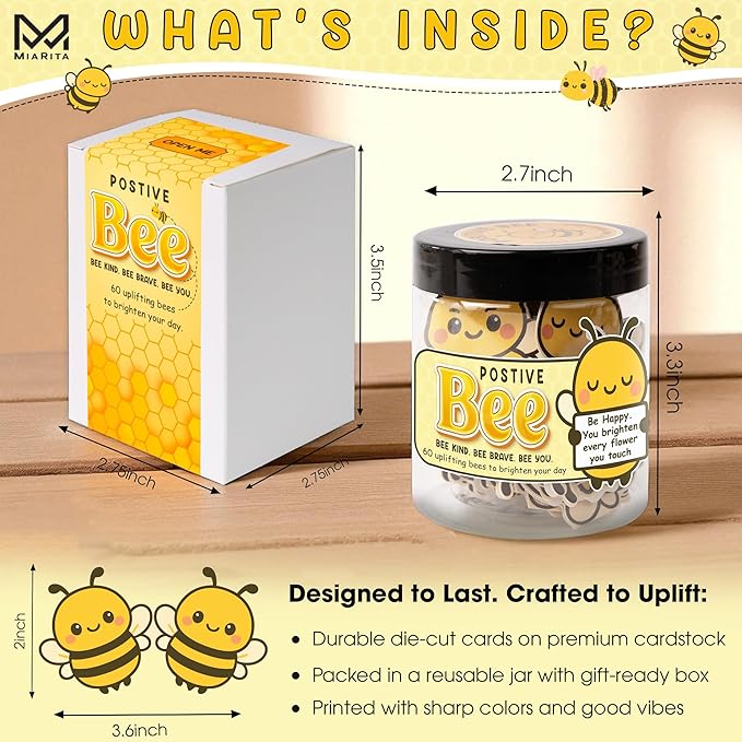 Positive Bee Jar, 60 Cute Bee Affirmation Cards for Women, Teachers, Grandma, Inspirational Gifts for Stress Relief, Self-Care, Birthday, Desk Decor for Bee Lovers
