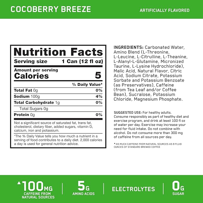 Optimum Nutrition Amino Energy Sparkling Hydration Drink, Electrolytes, Caffeine, Amino Acids, BCAAs, Sugar Free, Cocoberry Breeze, 12 Fl Oz, 12 Pack (Packaging May Vary)