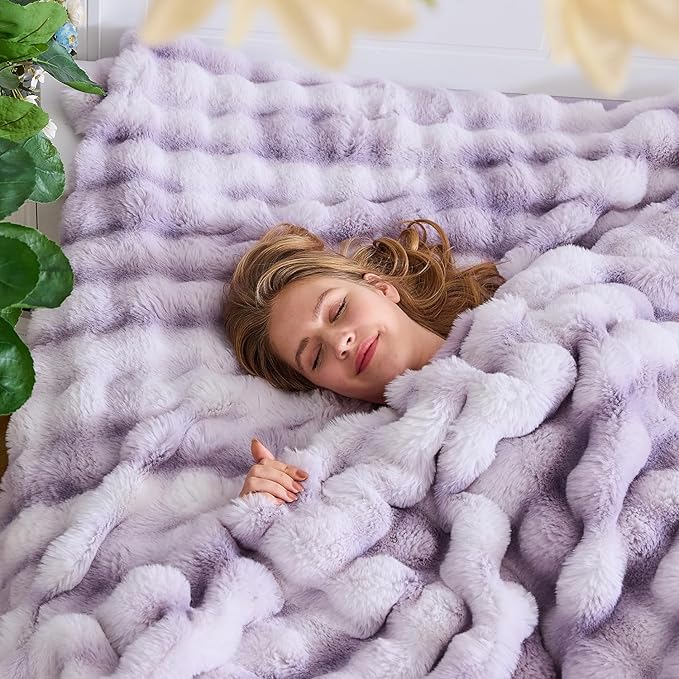 Lotus Karen Faux Fur Throw Blanket Tie-Dye Purple - Big Bubble Rabbit Fluff Blanket for Couch, Large Fluffy Fuzzy Cozy Blanket,Thick Furry Plush Shaggy Blankets,90x90 Inches