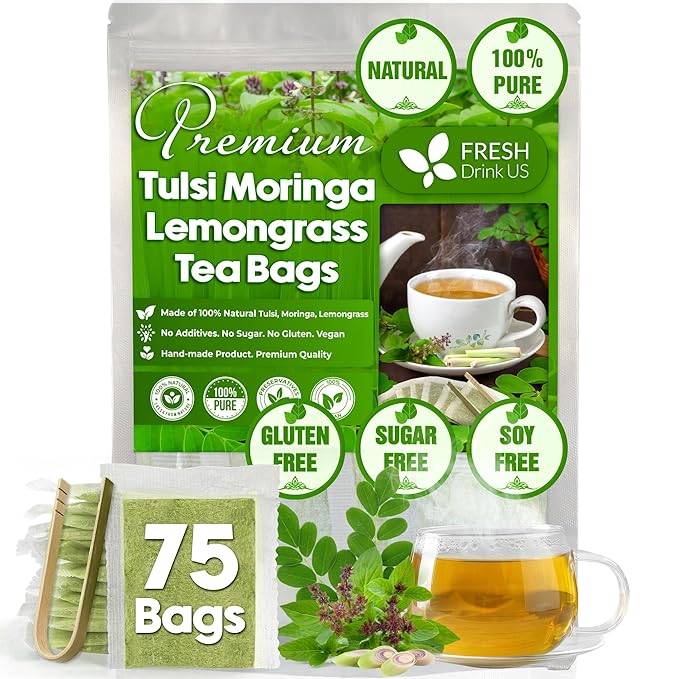 FreshDrinkUS, Premium 75 Tea Bags Tulsi Moringa Lemongrass, 100% Natural & Pure from Tulsi Holy Basil Leaves, Moringa & Lemongrass. Made with Natural Material Tea Bags. No Sugar, No Caffeine, Vegan.