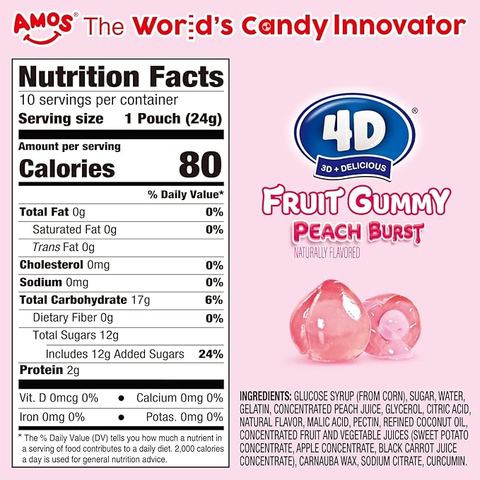 AMOS 4D Gummy Peach Burst Candy – Juice-Filled Peach-Shaped Fruit Gummies, Gluten-Free, Naturally Flavored, 8.47oz (240g) Bag – Fun 3D Candy for Kids & Adults