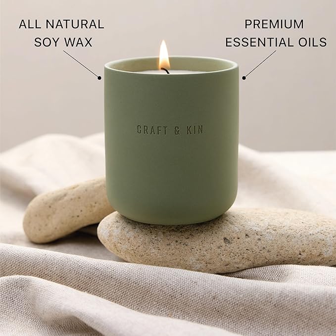Craft & Kin Scented Candles - White Birch & Cedar | 10oz Soy Blend with Cotton Wick | Long-Lasting Fall Candles, 40-Hour Burn | Ceramic Jar, Perfect Fall & Winter Home Scent