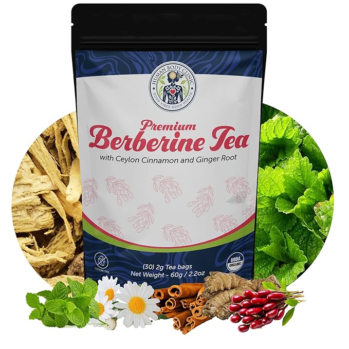 Organic Berberine Tea – Herbal Tea Promotes Health with Ceylon Cinnamon, Mint & Chamomile – 30 Tea Bags