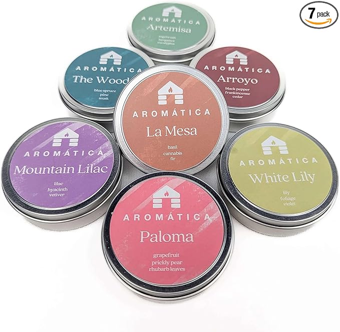 Bluecorn Aromática Scented Candle Sample Tin Set – 7 Clean, Luxurious Fragrances - Coconut Wax - Clean Fragrance & Essential Oils - 6hr Burn Time - Handmade in Colorado Since 1991