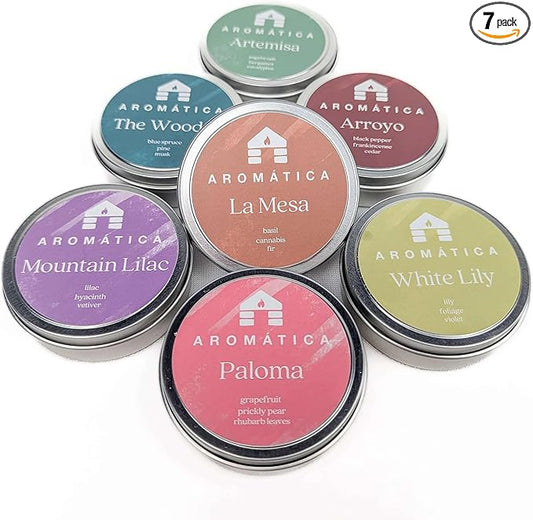 Bluecorn Aromática Scented Candle Sample Tin Set – 7 Clean, Luxurious Fragrances - Coconut Wax - Clean Fragrance & Essential Oils - 6hr Burn Time - Handmade in Colorado Since 1991