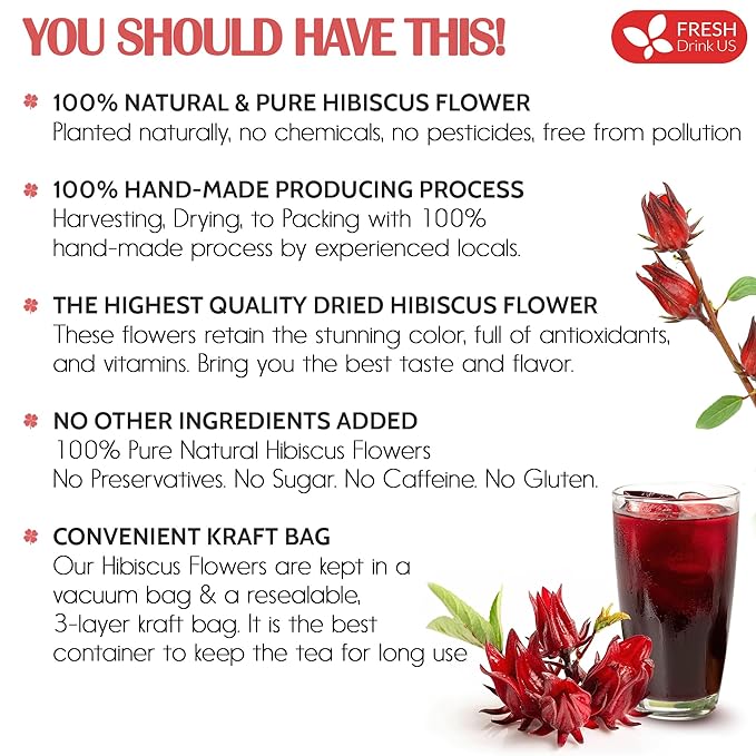 FreshDrinkUS, Premium 21oz Hibiscus Flowers, 100% Natural & Pure from Hibiscus Flowers, Hibiscus Flower Herbal Tea, No Additives, No Caffeine, Vegan
