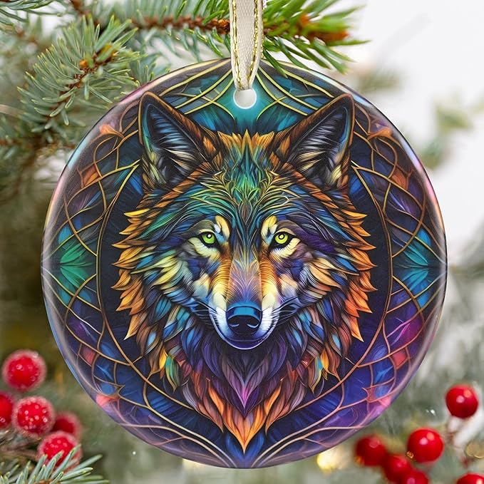 Ceramic Wolf Hanging Ornament - Christmas Tree Decor - Gifts for Wolf Lovers