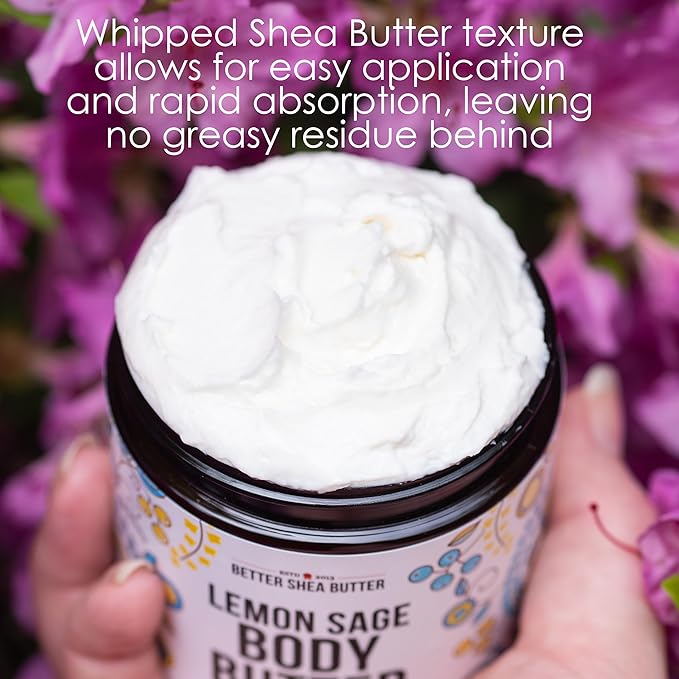 Lemon Sage Body Butter - Whipped Organic Shea Butter with Jojoba Oil and Essential Oils, Natural Lotion for Women and Men, Lemon Scented Moisturizer with No Synthetic Fragrances