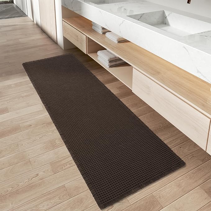 AMOAMI Upgraded Waffle Runner Rug Super Absorbent Non Slip Bath Mats for Bathroom Machine Washable Bathroom Runner Rug with Tassels, Ideal for Hallway Bedroom Laundry Room, Chocolate, 17" x 60"