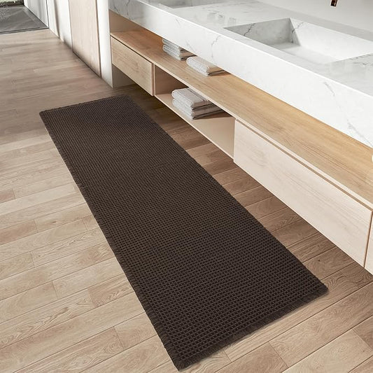 AMOAMI Upgraded Waffle Runner Rug Super Absorbent Non Slip Bath Mats for Bathroom Machine Washable Bathroom Runner Rug with Tassels, Ideal for Hallway Bedroom Laundry Room, Chocolate, 17" x 72"