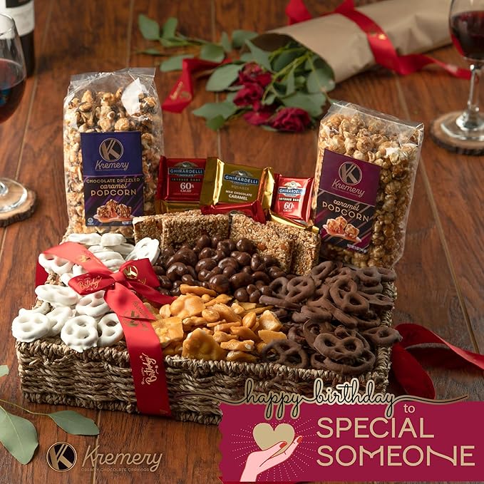 KREMERY Creamy Chocolate Cravings - Happy Birthday Treats, Chocolate Covered Pretzels & Caramel Popcorn Gift Basket, in Seagrass Tray + Ribbon & Greeting Card (Deluxe, 3.5 lbs) Food Assortments