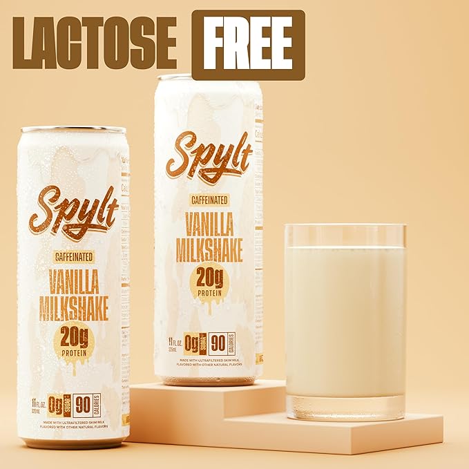 Spylt High Protein Vanilla Milkshake with 60mg Caffeine & 20g Protein - 90 Calories, Ready to Drink, Sugar Free, Lactose Free Milk, Perfect for Workout Recovery & Afternoon Pick Me Up - 12 Count