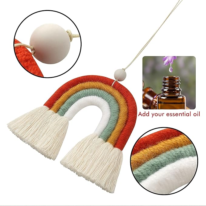 BOHO GARDEN Macrame Bohemian Rainbow Charm - Essential Oil Diffuser for Cars, Baby Nursery, Children’s Bedroom & Home Decor- Colorful Decorative Hanging Air Freshener & Accessories - 3.5x4 - Sunset
