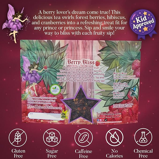 Bellasia Tea Berry Bliss for Kids Using Real Fruit Pieces - Caffeine Free Herbal Tea Blend with Real Ingredients & Balanced Flavor- Add Loose Leaf Tea to Your Child’s Routine for A Fun & Tasty Drink