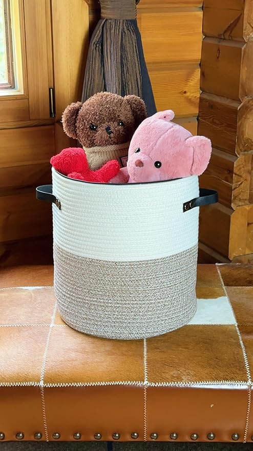Cotton rope Storage Basket with Zipper cover & Woven baskets with Lid easy to move Multi-Purpose Storage Basket for Living Room, 13 x14 inches(Brown+White)