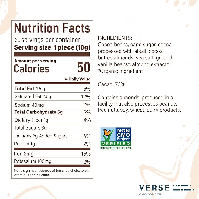 Verse 70% Dark Chocolate with Almonds - Only 3g Cane Sugar - Creamy Dark Cocoa Squares - Individually Wrapped Chocolates (30 Count)