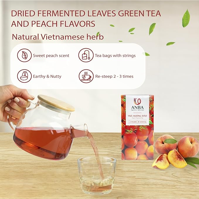 ANBA Black Tea Bags Rich Peach Flavor, 25 Count | Bold & Fruity Taste | Smooth & Aromatic | Naturally Sweet & Caffeine-Rich | ISO HACCP Certified