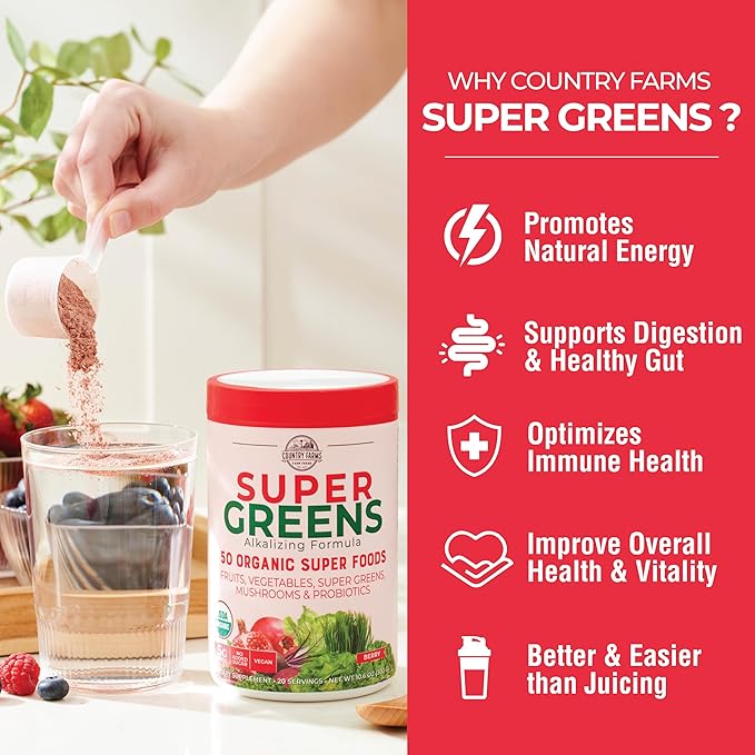 Country Farms Organic Super Greens Berry Flavor, 50 Organic Super Foods, Packed with Fiber, USDA Organic Drink Mix, Fruits, Vegetables, Mushrooms & Probiotics, Supports Energy, 5g Fiber