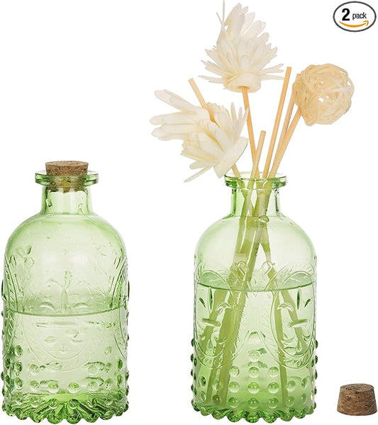 MyGift Vintage Embossed Green Glass Small Reed Diffuser Bottle with Cork Lid, Decorative Flower Bud Vase, Set of 2