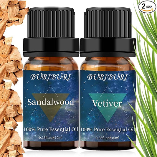BURIBURI Sandalwood Oils and Vetiver Essential Oils Gifts Set, 2Pcs 100% Pure Aromatherapy Sandalwood Essential Oils for Diffuser, Massage, Soap Making