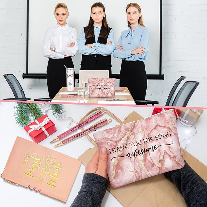 Domensi 6 Pcs Employee Appreciation Gift Set for Women Female Thank You Gift May You Be Proud 20 oz Rustic Marble Sign Tumbler Makeup Bag Journal for Teacher Nurse Lady Work Business(Pink)