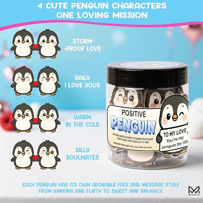 Positive Penguin Love Jar, 60 Cute Affirmation Cards, Relationship Gift for Girlfriend, Boyfriend, Husband, or Wife, Penguin Couple Jar, for Women, Her, Him
