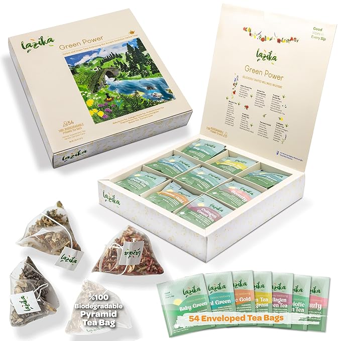 Lazika Green Tea Variety Pack with Lovely Presentation Box, 54 Counts, Green Tea Assortment Gift Set, Premium Collection with Pyramid Infuser Bag, Early Harvest, Handcrafted