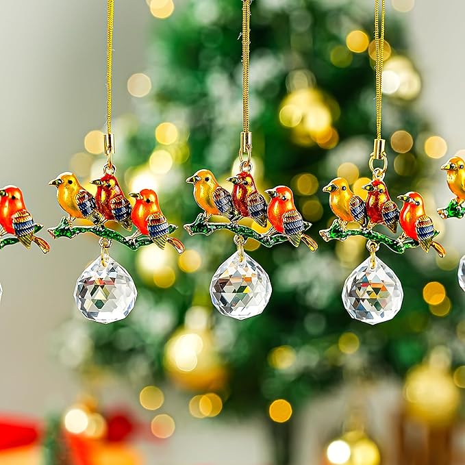 H&D HYALINE & DORA 6 Pcs Birds on Branches with Ball Prism Ornaments Birds Christmas Hanging Ornament Christmas Decorations for Tree Holiday Present Ideas