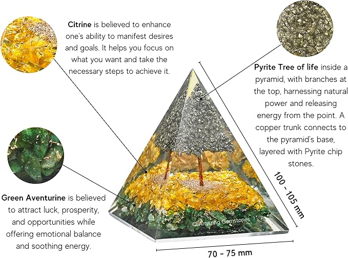 Amazing Gemstone Orgone Pyramid for Money with Pyrite Crystal Tree, Citrine and Green Aventurine Crystals and Healing Stones - Authentic Orgonite & Organite Gifts to Atrract Money Abundance Wealth