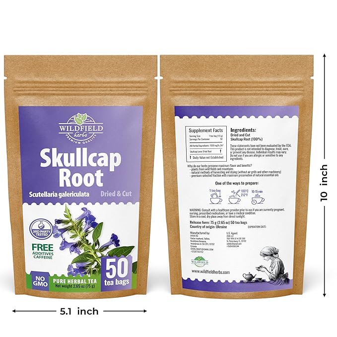 50 Bags Skullcap Herbal Tea (Scutellaria) – 50 Tea Bags 1.5g Skullcap Herb Escutelaria