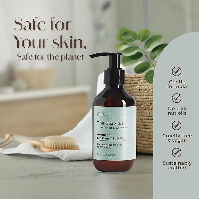 AiROM Lemongrass & Eucalyptus Massage Oil for Massage Therapy – Thai Spa Ritual - Scented Body Oil for Women – Hypoallergenic, Relaxing Aromatherapy, Non-Greasy, Nut-Free - 6.4 fl oz