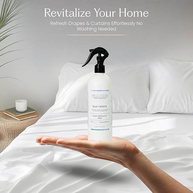 FIELD FLEUR Blue Seaside Linen & Room Spray 15.5 oz - Aromatic & Refreshing Bedding & Fabric Mist - Air Freshener for Clothes & Sofas - Notes of Citrus, Oceanic Breeze & Sugary Coconut -Made in USA
