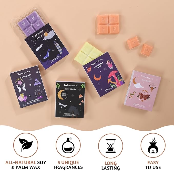 Folkulture Wax Melts or Wax Cubes | Set of 5 Scented Wax Melts for Warmer | 30 pc 100% Natural Soy and Palm Wax-Melt for Gifts for her | Orange, Balsam Cedarwood, Green Tea, Rose