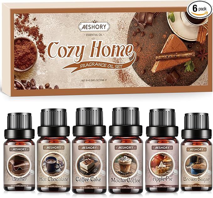 Bakery Essential Oils Set - 6x10ML Fragrance Oils for Home Diffusers,Candle & Soap Making |Home Aromatherapy & Crafting| Leather, Hot Chocolate, Coffee Cake, Mocha Coffee, Apple Pie,Brown Sugar Scents