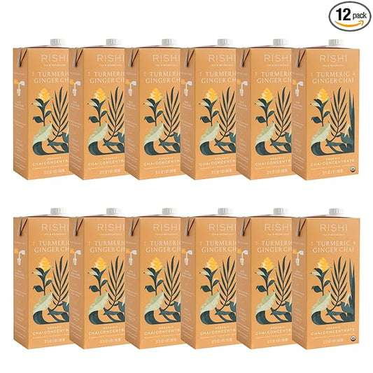 Rishi Tea Turmeric Ginger Chai Latte - Organic Herbal Tea Concentrate with Ginger - Easy-to-Serve Hot or Iced, Caffeine Free - 32 Fl Oz (Pack of 12)