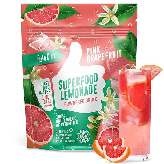 FlavCity Pink Grapefruit Superfood Lemonade Drink Mix - Sugar-Free Lemonade Powder with Real Crystallized Grapefruit & Organic Acerola - 100% DV Vitamin C - Keto, Gluten-Free, Non-GMO (30 Servings)