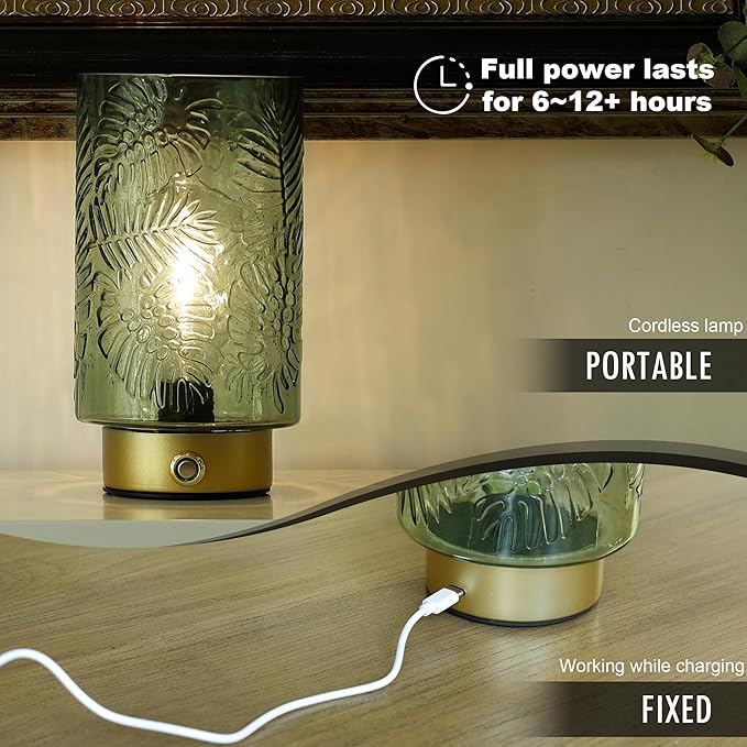 Cordless Lamp Rechargeable Battery Operated lamp, Glass Table Lamp Remote Control - Dimmable Brightness Touch Wireless Bedside Lamp for Bedroom Kitchen Dining Home Living Room Decor Green