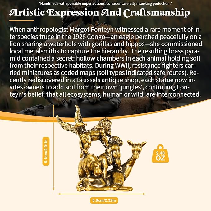 CHOVY Jungle Pyramid Statue - 100% Solid Brass Animal Stack Sculpture (Eagle on Lion, Gorilla & Hippo on Deer), Handcrafted Zoomorphic Art for Office Desk, Unique Safari Decor Gift