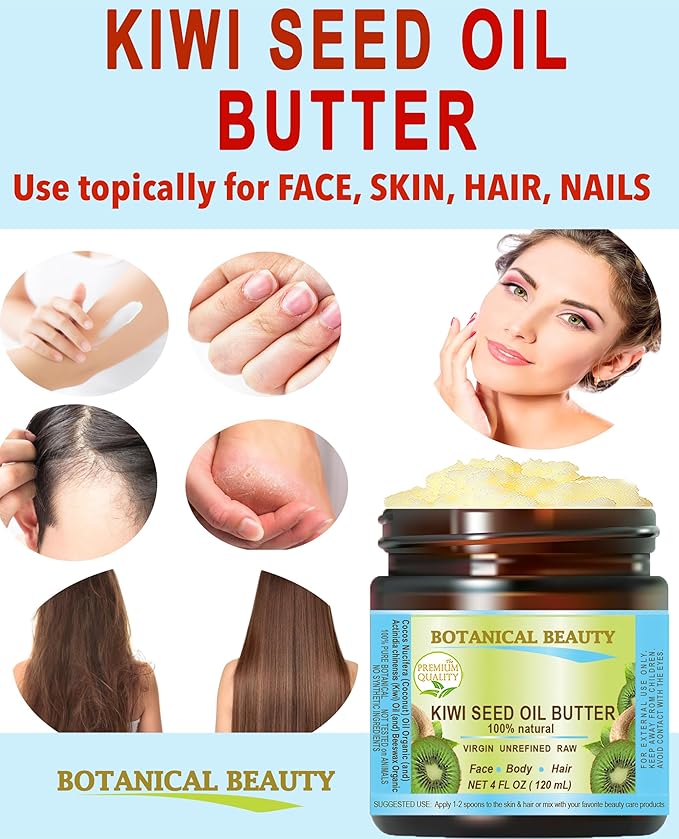 Botanical Beauty KIWI SEED OIL BUTTER RAW VIRGIN UNREFINED Cold Pressed for Face, Body, Hair, Nails, Skin, Hands, Rich in vitamin E, Vitamin C (8 Fl Oz)