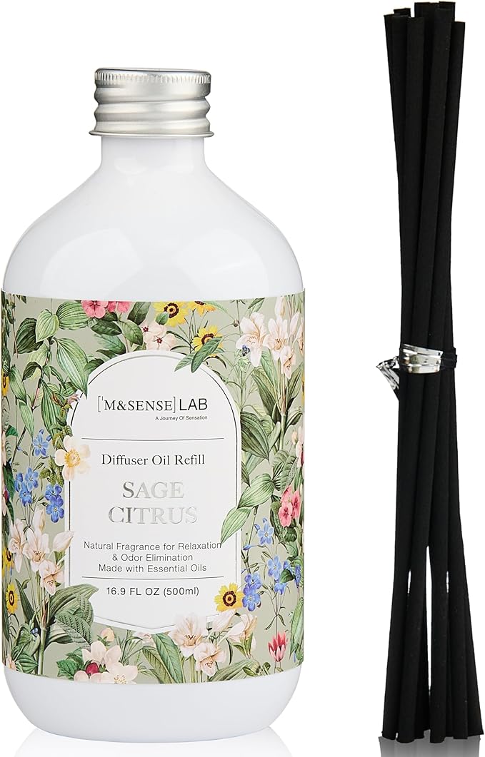 M&SENSE Reed Diffuser Oil Refill, 16.9oz (500ml) with 10 Hollow Reed Sticks, Sage Citrus Scent Home Fragrance, Scented Oil Refills, Natural Essential Oils for Diffusers, Décor for Home Spa & Office