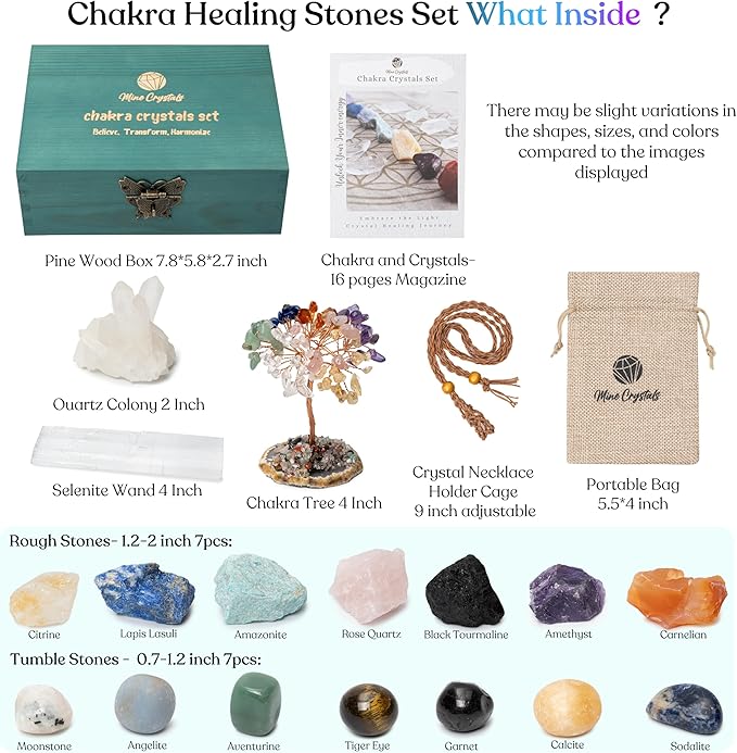 Crystals and Healing Stones Chakra Set Authentic Natural Raw Crystals Gemstones Kit Spiritual Gift - Quartz Colony Selenite Wand Rose Quartz Reiki Yoga Meditation