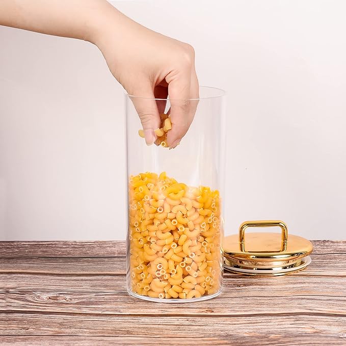 32 oz Large Acrylic Storage Apothecary Jar with Gold Airtight Lid | Bathroom Vanity Organizer Containers | Ideal Decorative Canisters for Shells, Bath Salt, Grains, Cotton Ball, Flossers