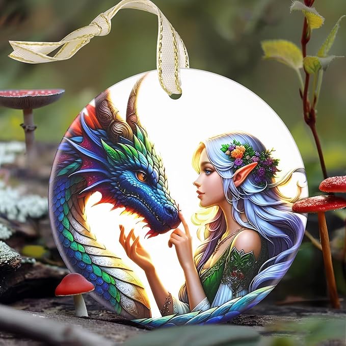 Elf & Dragon 3.5 Inch Ceramic Christmas Hanging Ornament - Tree Decoration & Gift for Christmas & Holiday Present Exchange
