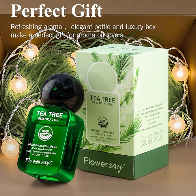 Flower Say Tea Tree Essential Oil for Skin, USDA Organic Tea Tree Oil for Hair, 100% Pure & Nature Essential Oil for Toenails, Diffuser, Aromatherapy-30ml