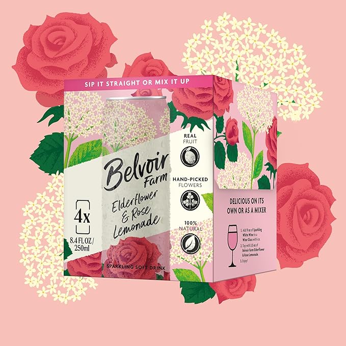 Belvoir Farm Elderflower & Rose Sparkling Lemonade | Delicious On It's Own Or As A Mixer | Product of UK | 4 Cans, 8.4 fl oz (250mL)