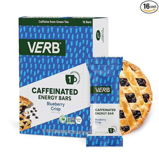 Verb Caffeinated Energy Bars Blueberry Crisp (26g, Pack of 16) 110-Calorie Delicious Low Sugar Energy Bar - Vegan Gluten Free On-the Go Snack with 80mg Green Tea Caffeine, Only Real-Food Ingredients