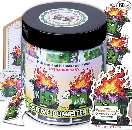 Positive Dumpster Fire Jar – Funny Desk Accessory with 60 Daily Affirmations for Self Care & Mindfulness, Emotional Support Dumpster Fire Gift for Office Coworkers, Unique Zen Desk Decor