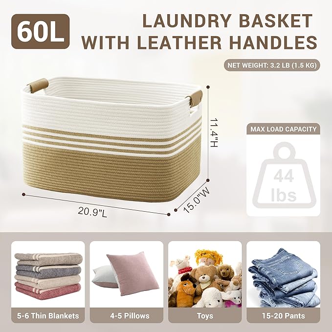 60L Large Laundry Basket with Leather Handles for Living Room Storage, Woven Rope BasketsBin for Blanket, Kids Toy, Gifts, Wicker Hamper for Bedroom Dirty Clothes, 21"x15"x11" Khaki