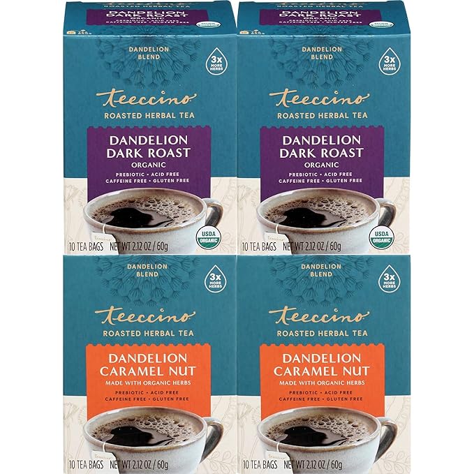 Teeccino Dandelion Dark Roast and Dandelion Caramel Nut Tea Variety Pack - Caffeine-Free, Roasted Herbal Tea with Prebiotics, Gluten Free - 10 Tea Bags (Pack of 4)